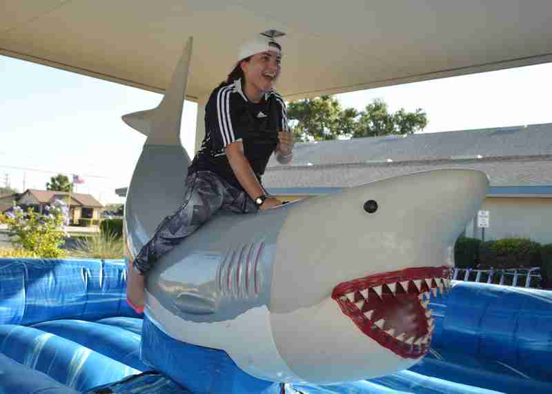 Rider on the Nippers mechanical shark mechanical ride rental and attraction rental in Florida